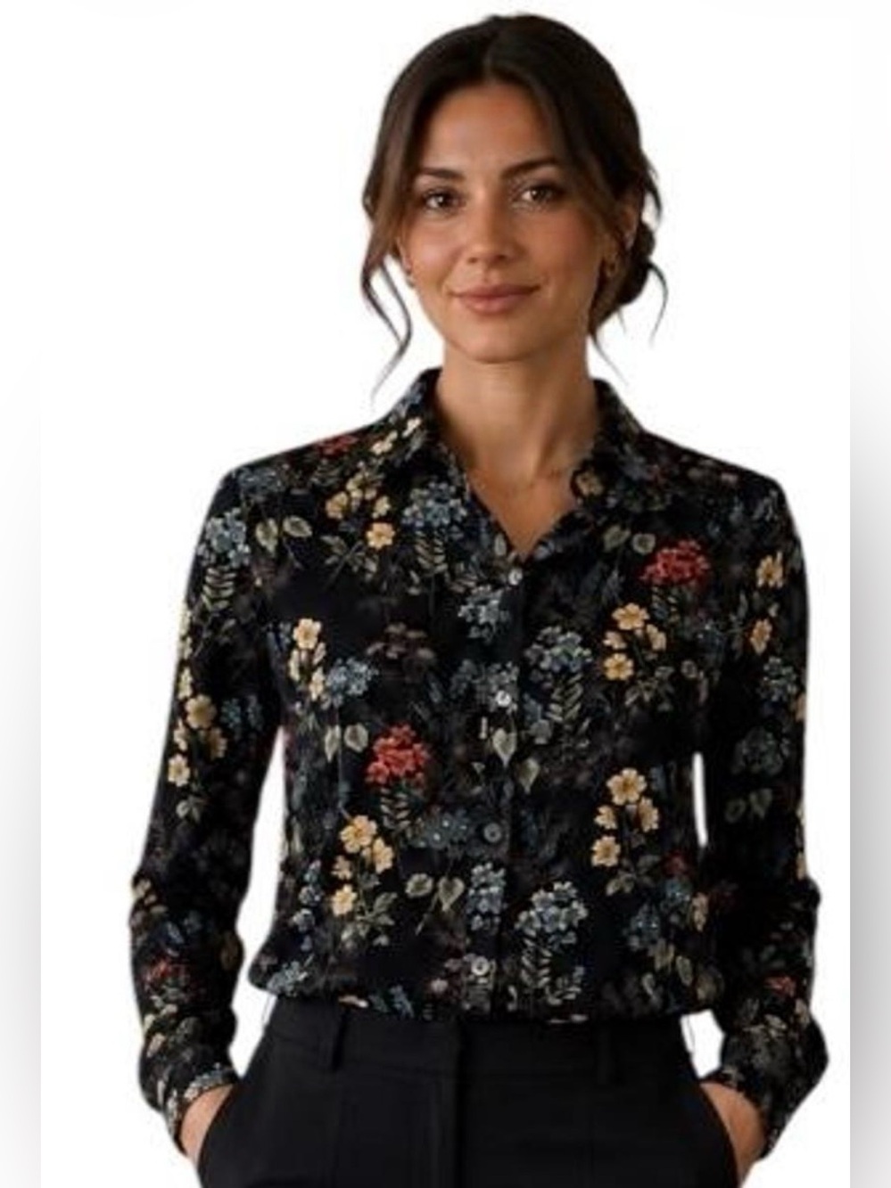 J. Jill cottage core academic chic Black Floral Button-Down Shirt size Petite S